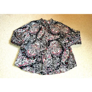 Womens Top-CHAPS RALPH LAUREN-black/white/red paisley "No Iron" button-up ls-1X